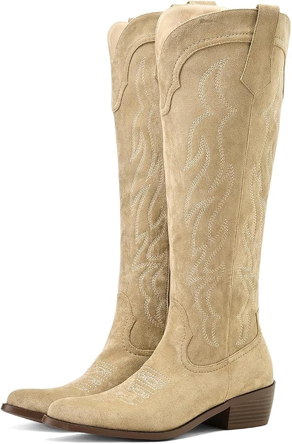 Cowboy Boots for Women Embroidered Pointy Toe Chunky Heeled Knee High Western Boots | Amazon (US)