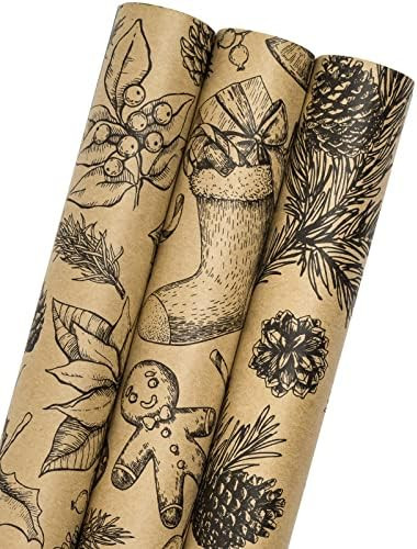 MAYPLUSS Kraft Christmas Wrapping Paper Roll - 3 Mini Roll -17in x120in Per roll,Kraft Vintage Wr... | Amazon (US)