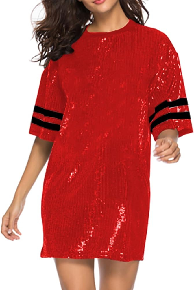 Nagfar Women Sequin Short T-Shirt Dress One Piece Set Birthday Party Short Sleeve Sports Casual S... | Amazon (US)