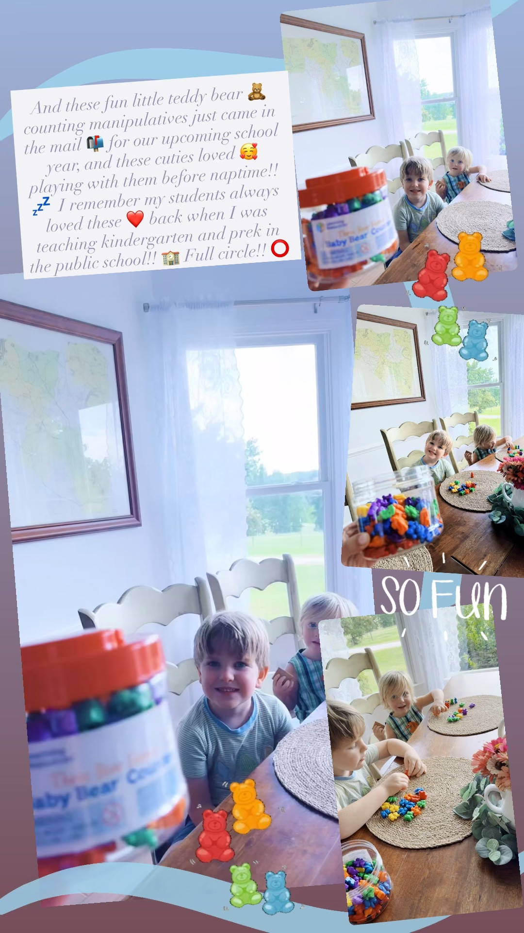 And these fun little teddy bear 🧸 counting manipulatives just came in the mail 📬 for our upcoming school year, and these cuties loved 🥰 playing with them before naptime!! 💤  I remember my students always loved these ❤️ back when I was teaching kindergarten and prek in the public school!! 🏫 Full circle!! ⭕️