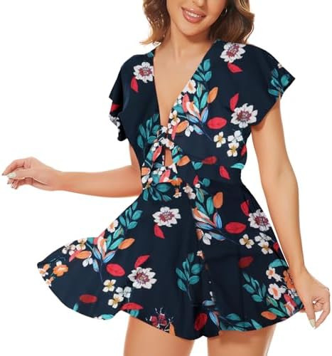 AGQT Women's Sexy V-Neck Self-Tie Front Romper Short Jumpsuit Playsuit Mini Outfit Dress Boho | Amazon (US)