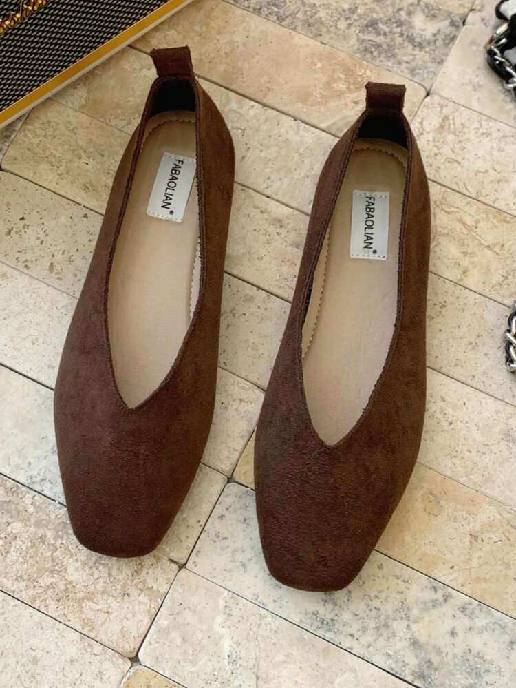 Fall/Winter Women's Solid Color Minimalist Style Brown Elegant Commuter Ballet Flats | SHEIN