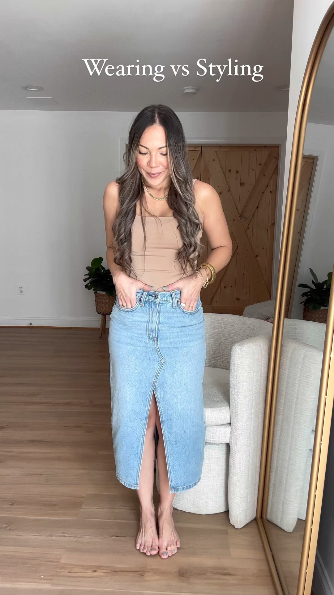 Jumping into the wearing vs styling trend. Styling this versatile denim skirt, perfect for any occasion. Denim skirt, leather blazer, and white top are 20%off. Pair it with a white blouse for a chic and effortless look, or throw on a graphic tee for some edgy vibes. Head over my LTK, stories, or bio for easy shopping. You can also comment “sale” and I will send you all the details + the promo code. 

#LTKworkwear #LTKVideo #LTKSale