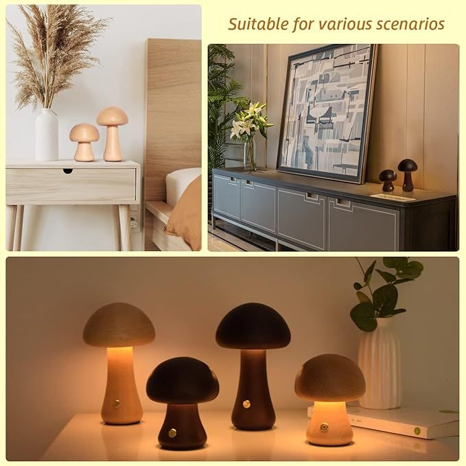 KAPJHRX Mushroom Lamp, Rechargeable Portable Night Light Cordless Wooden Night Light Mushroom Dec... | Amazon (US)