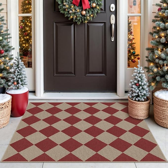 Easy Jute Checkered Christmas Rug, 2x3 Modern Red Xmas Indoor Outdoor Doormat, Washable Non-Slip ... | Amazon (US)