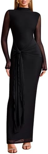 Women's Long Sleeve Bodycon Maxi Dress Mesh Tie Sexy Backless Fall Formal Wedding Guest Party Coc... | Amazon (US)