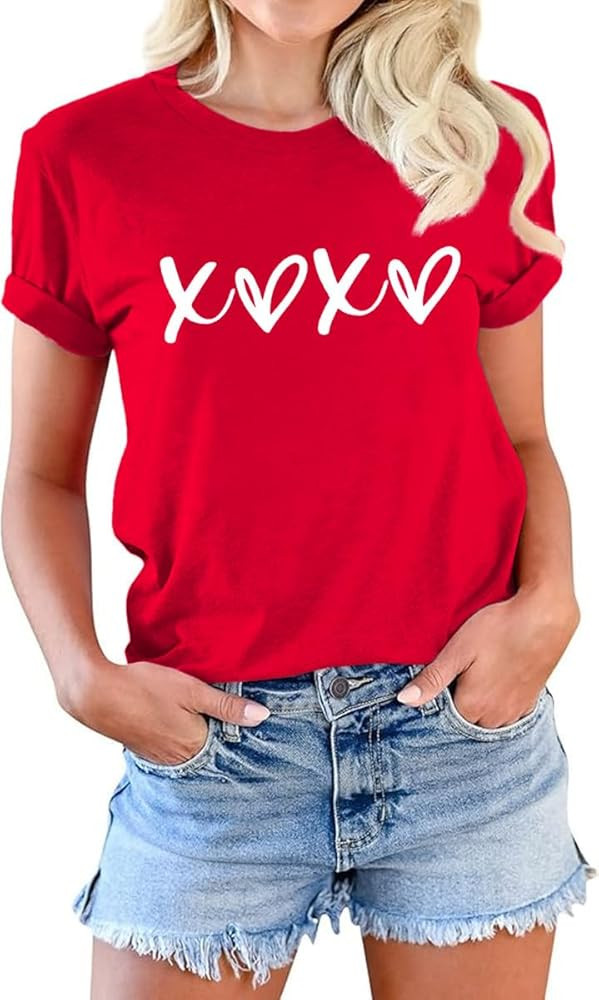 Beopjesk Womens Valentine's Day Graphic Tees Short Sleeve Heart Printed Shirts Blouse Tops | Amazon (US)