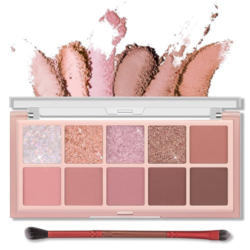 Erinde 10 Colors Eyeshadow Palette Makeup - Matte Shimmer Glitter Eye Shadow, Natural-Looking Korean Eye Makeup, Ultra-Blendable, High Pigmented, Pink Eyeshadow Palette with Brush, Rose Pink | Amazon (US)