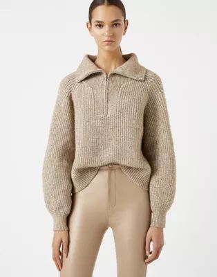 Pull&Bear chunky half-zip jumper in brown | ASOS (Global)