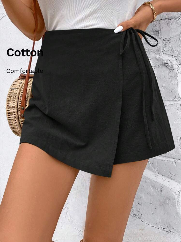 SHEIN Frenchy Solid Knot Side Wrap Bow Tie Wrap Mini Skort Black Summer Casual | SHEIN