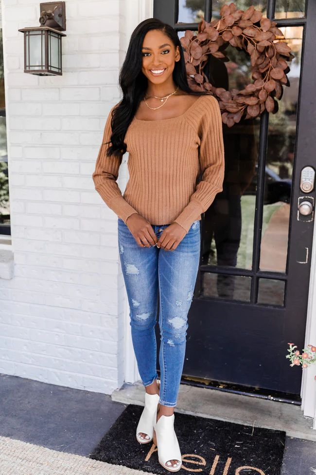 Reunited Love Brown Square Neck Fitted Sweater | The Pink Lily Boutique