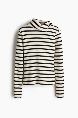 H & M - Button-Detail Mock Turtleneck Top - Cream/Striped | H&M (US, CA, MX)
