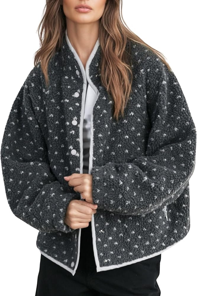 Women's Fleece Jacket Button Down Lapel Collar Sherpa Jackets Long Sleeve Contrast Quilted Outerw... | Amazon (US)