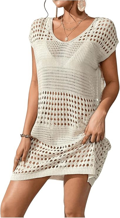 Milumia Women's Swimsuit Short Sleeve Crochet Swim Cover Up Knit Bathing Suit Beach Dress | Amazon (US)