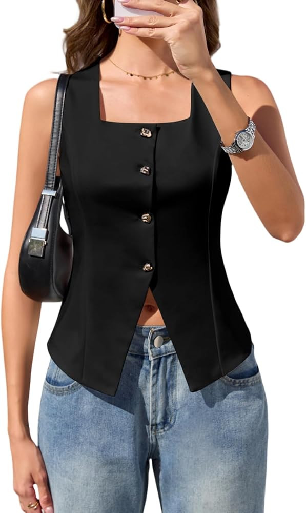AGSEEM Womens Suit Vest Tops Business Casual Square Neck Button Down Waistcoat Sleeveless Blazer ... | Amazon (US)