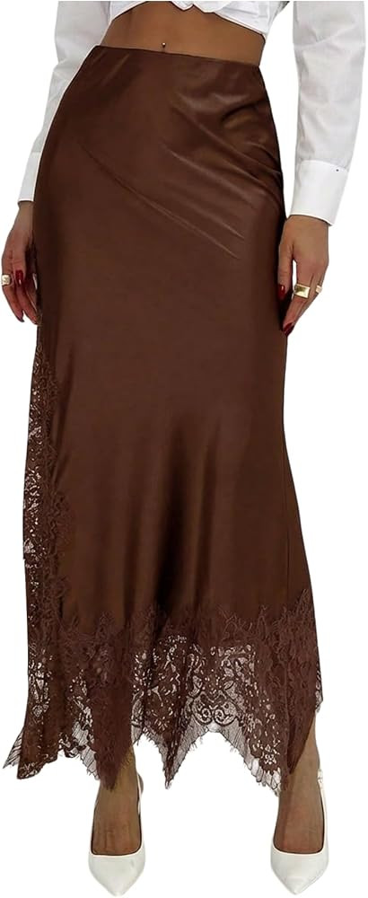 SOLY HUX Women's Satin Lace Maxi Skirt Low Rise Fishtail Long Skirts | Amazon (US)