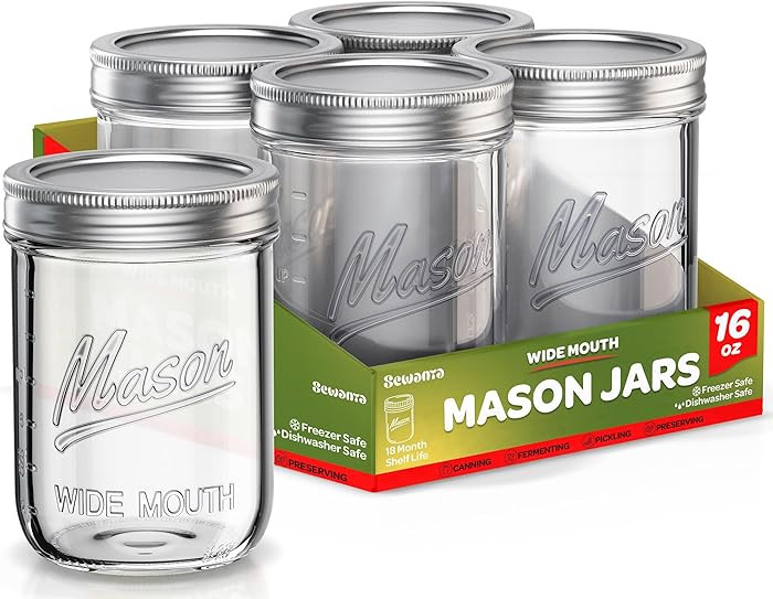 Wide Mouth Mason Jars 16 oz [5 Pack] With Mason Jar Lids and Bands, Mason Jars 16 oz - For Cannin... | Amazon (US)