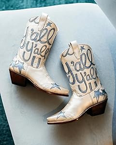 Metallic Cowboy boots for Women Mid Calf Low Heel Pointed Toe Womens Cowgirl Boots Fashion Embroi... | Amazon (US)