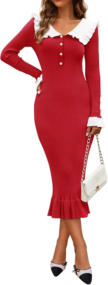 ZESICA Women's Long Sleeve Sweater Dress 2024 Fall Lapel Collar Button Elegant Casual Midi Bodyco... | Amazon (US)