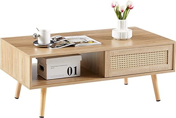 Tansole Rattan Coffee Table Modern Wooden Center Table Rectangular Coffee Table with Storage for ... | Amazon (US)