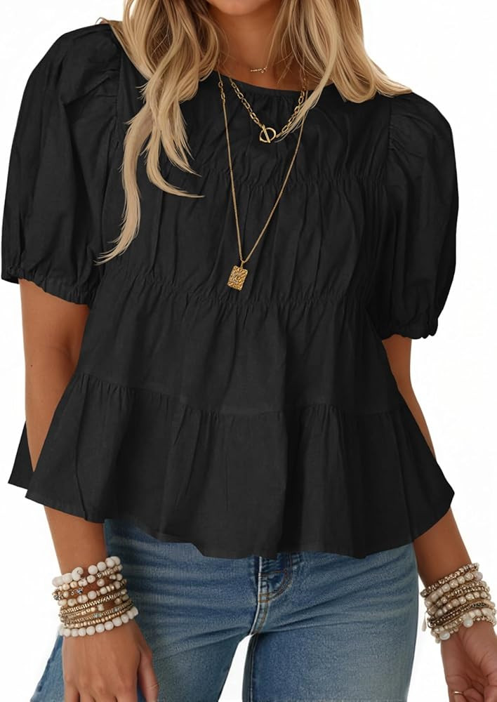 Tankaneo Womens Puff Sleeve Peplum Babydoll Tops Summer Smoked Pleated Cotton T-Shirts Casual Loo... | Amazon (US)