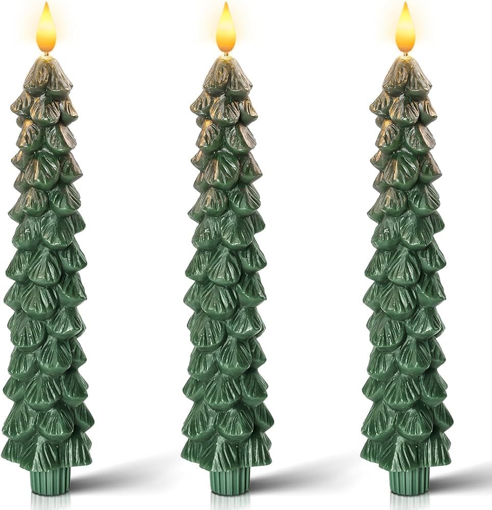Homemory 3 PCS Flameless Taper Candles with 6-Hours Timer, 9.5 Inches Christmas Tree Candlesticks, R | Amazon (US)