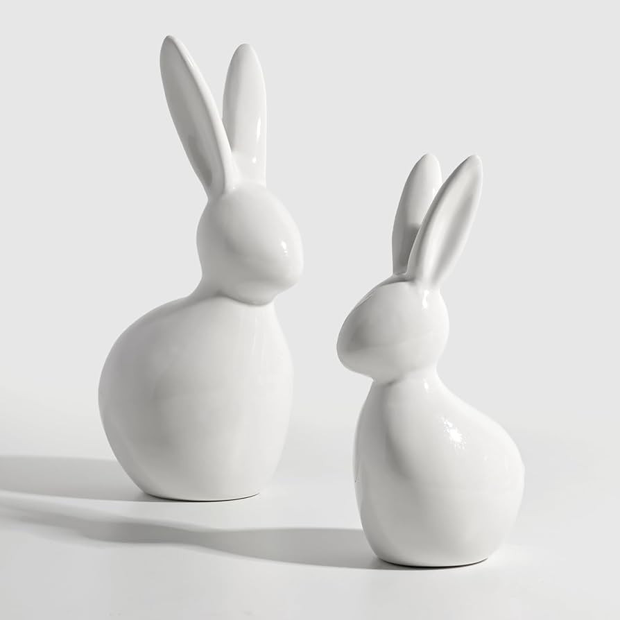 Easter Decorations: Elegant White Ceramic Bunny Figurines Set of 2, Cute Farmhouse Rustic Easter ... | Amazon (US)