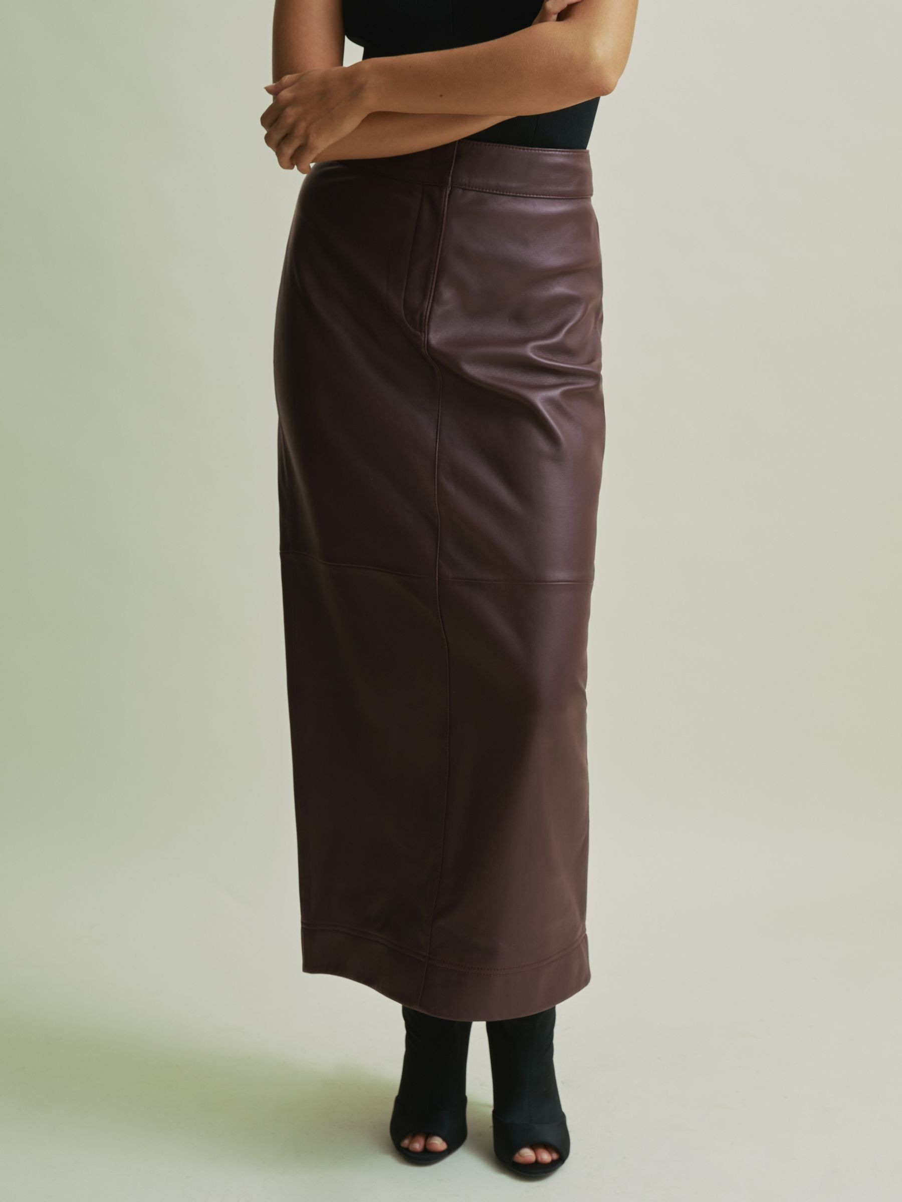 Reiss Florere Leather Pencil Midi Skirt in Berry - REISS | Reiss UK