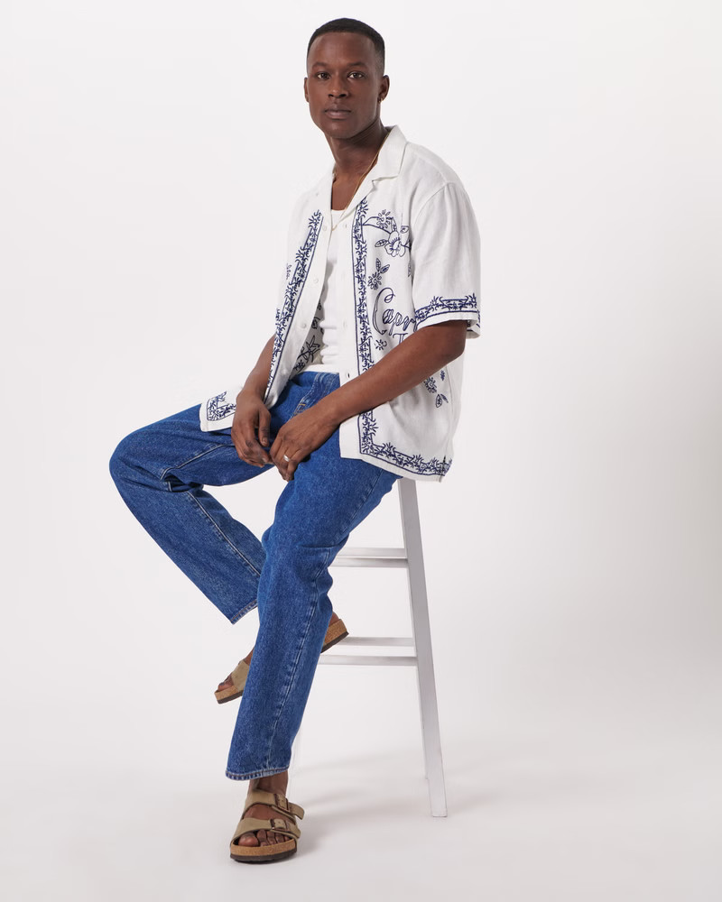 Camp Collar Linen-Blend Embroidered Shirt | Abercrombie & Fitch (US)