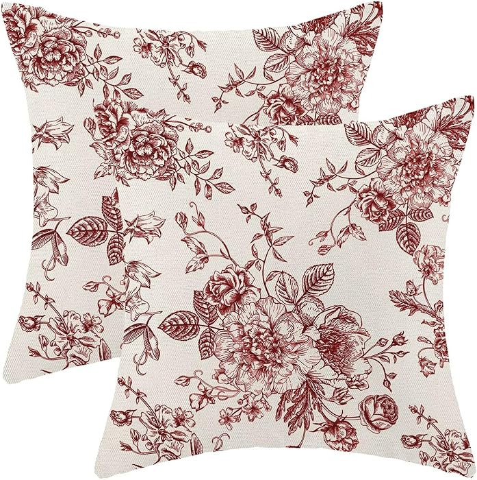 AEIOAE Chinoiserie Floral Pillow Covers 20 x 20 Inch Set of 2, Vintage Burgundy Red Flower Decora... | Amazon (US)