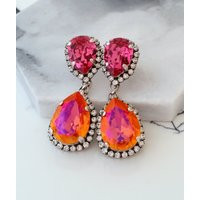 Orange & Pink Earrings, Orange Crystal Chandelier Earrings, Bridal Earrings, Pink Orange Drop Earrings, Long Earrings | Etsy (US)