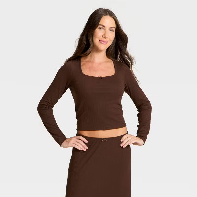 Women's Variegated Ribbed Long Sleeve Pajama Top - Auden™ Brown M | Target