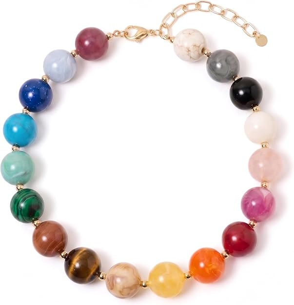 Colorful Beaded Necklace for Women Boho Statement Chunky Necklace Natural Stone Beads Gemstone Ch... | Amazon (US)