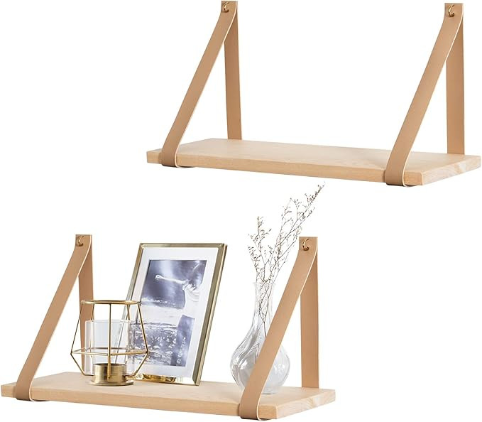 Mkono Hanging Shelf Wall Wood Floating Storage Shelves Leather Strap Swing Organizer, Set of 2 | Amazon (US)