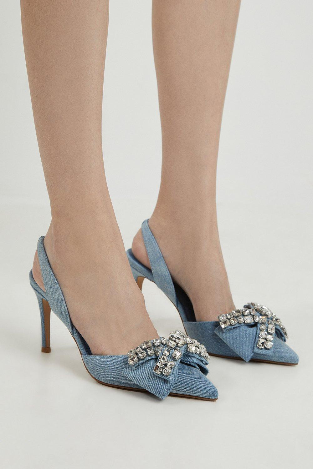 Denim Rhinestone Detail Slingback Heel | Karen Millen UK + IE + DE + NL