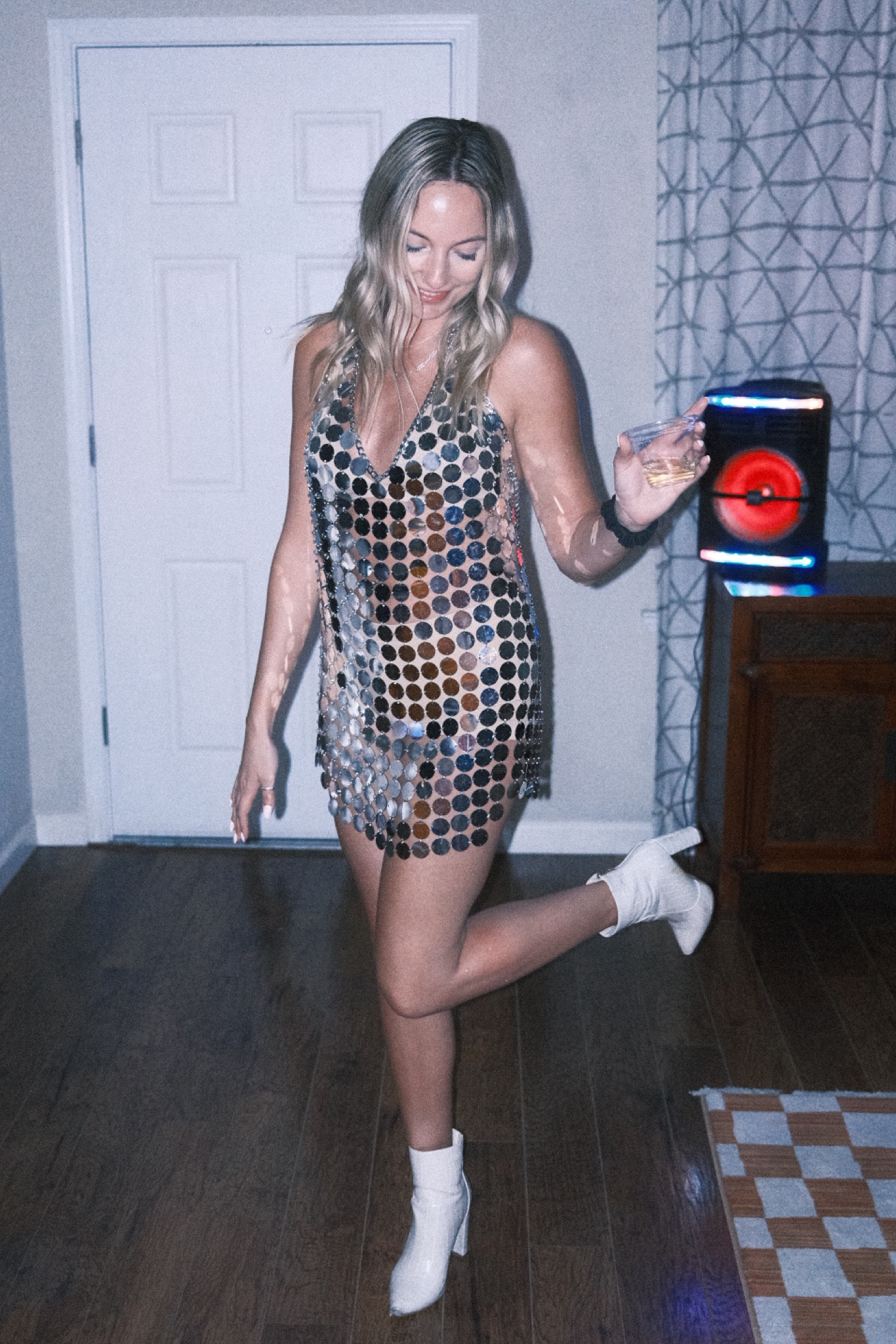 disco party dress 70s Metallic Green Mini Dress: Bell Sleeve Costume, Halloween Outfit Studio 54 Outfit Wensltd 70s Disco Outfit Women