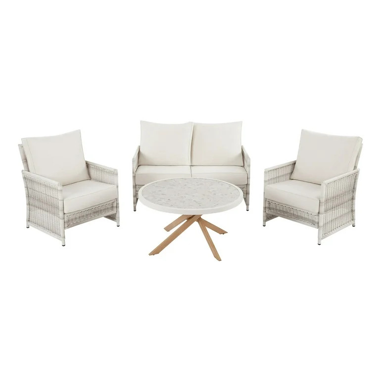 Better Homes & Gardens Paige 4-Piece Outdoor Wicker Loveseat Seating Set, White | Walmart (US)