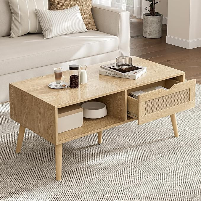 ZttRiee Coffee Table with Storage, Boho Dining Table with Rattan Drawer and Solid Wood Legs, Smal... | Amazon (US)