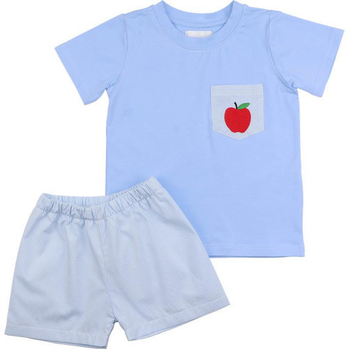 Blue Gingham Applique Apple Pocket Short Set | Cecil and Lou