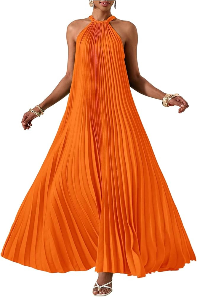 OYOANGLE Women's Summer Maxi Dress Wedding Guest Party Sleeveless Pleated Long Flowy Beach Vacati... | Amazon (US)