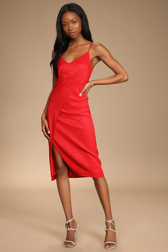 View and I Bright Red Tie-Back Faux-Wrap Midi Dress | Lulus (US)