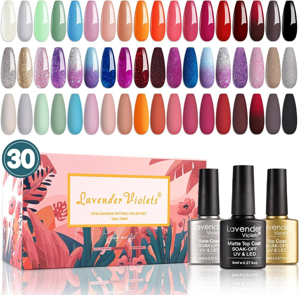 Lavender Violets Nail Polish Kit 27+3 Colors Sparkle Solid Pink Blue Red Color Changing Soak-off ... | Amazon (US)