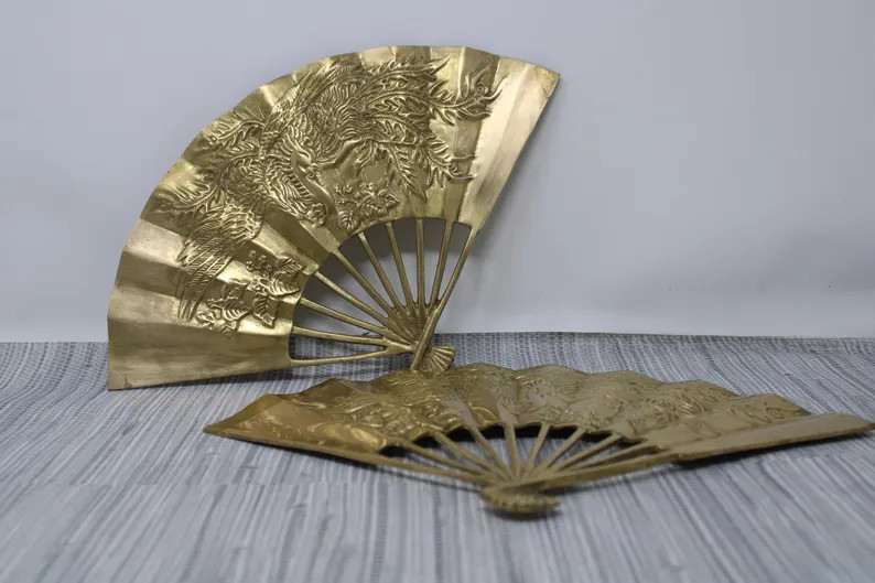 Vintage Solid Brass Set of 2 Oriental Fan Wall Decor Engraved Phoenix Brass Wall Fan Thick Brass ... | Etsy (US)