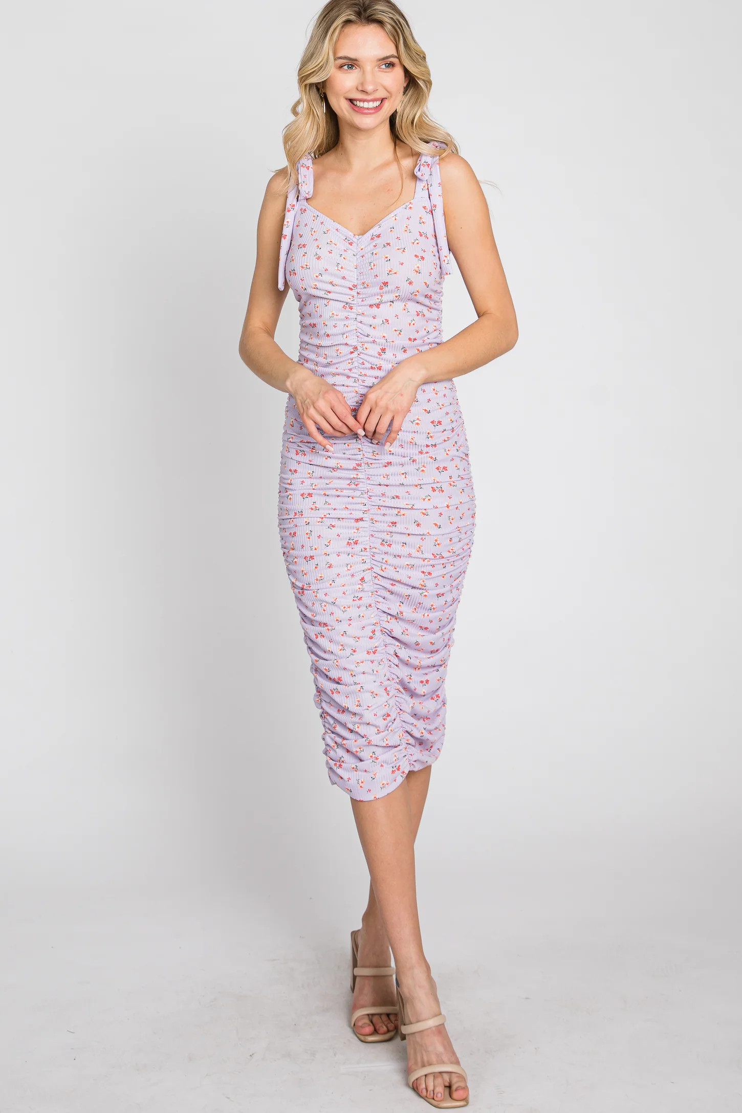 Lavender Floral Sleeveless Ruched Midi Dress | PinkBlush Maternity
