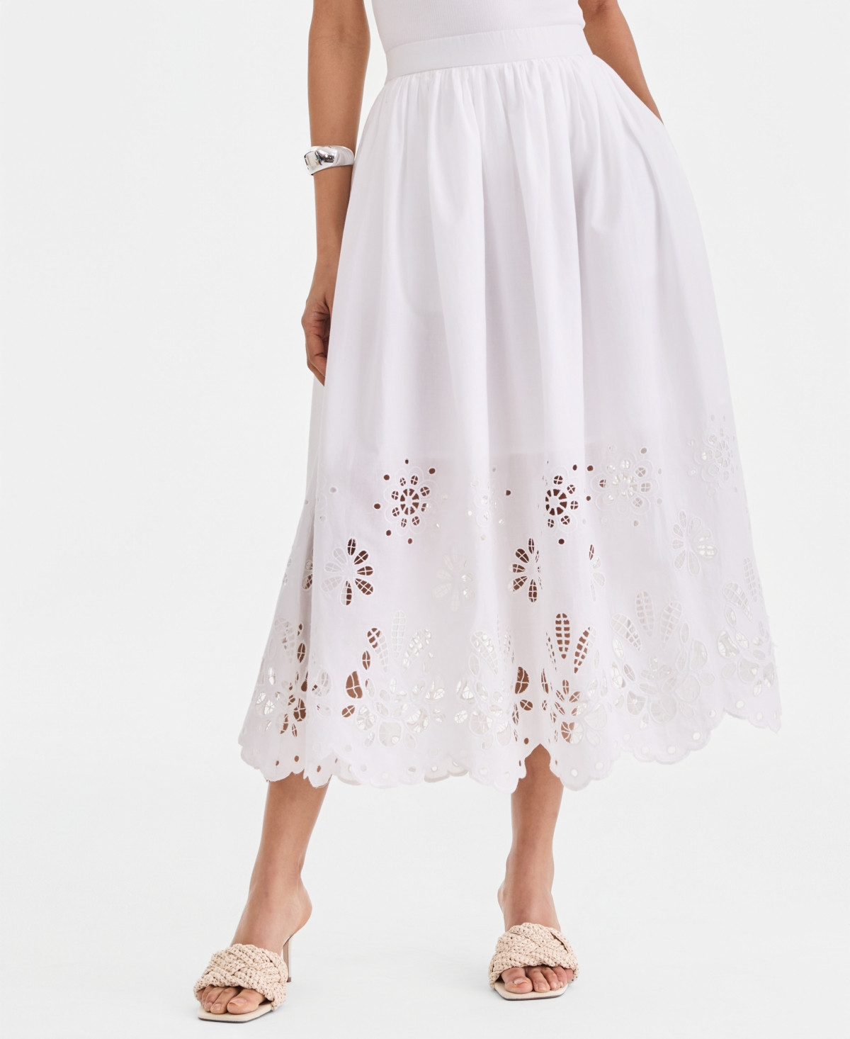 I.n.c. International Concepts Women's Cotton Eyelet Lace Midi Skirt, Macy's Exclusive - Bright White | Macy's
