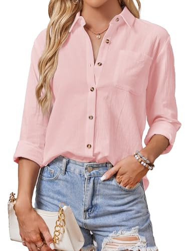 Cotton Button Down Shirts Women V Neck Long/Roll Up Sleeve Gauze Texture Casual Tops with Pocket | Amazon (US)