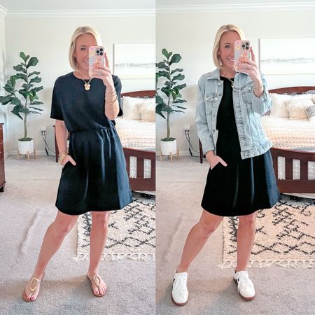 • Spanx  AirEssentials dress - size small. Use code LESLIEXSPANX. This material is so soft & I love the length of the dress & the sleeves. Plus it has an elastic waistband and pockets. 
• sandals - tts. 
• jean jacket - size small.
• sneakers - size down a 1/2.

#LTKSeasonal #LTKStyleTip #LTKOver40