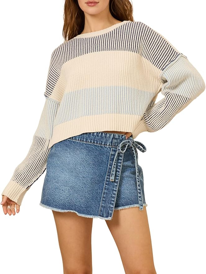 Esmeling Women’s Loose Striped Pullover Sweater Long Sleeve Crew Neck Color Block Knit Tops | Amazon (US)