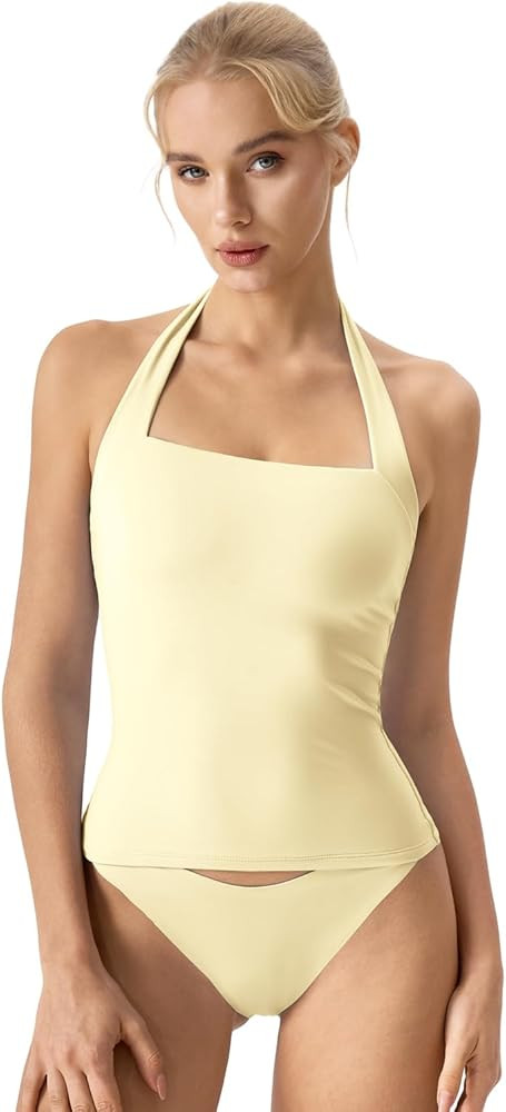 QINSEN Women's Backless Halter Tank Top Button Closure Square Neck Double Line Casual Daily Top G... | Amazon (US)