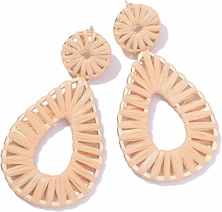 Boho Raffia Earrings Statement Teardrop Earrings Drop Dangle Bohemian Earrings for Women Cute Han... | Amazon (US)